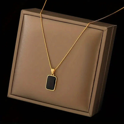 Elegant Gold-Plated Stainless Steel Black Rectangular Pendant